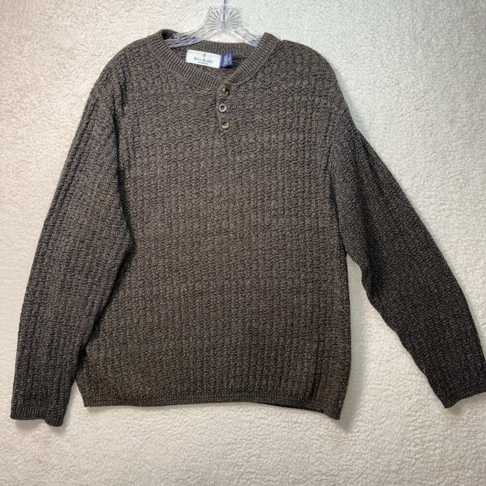 Bill Blass Sweater Mens XL Brown Ribbed Henley Hand Framed Vintage Grandpa